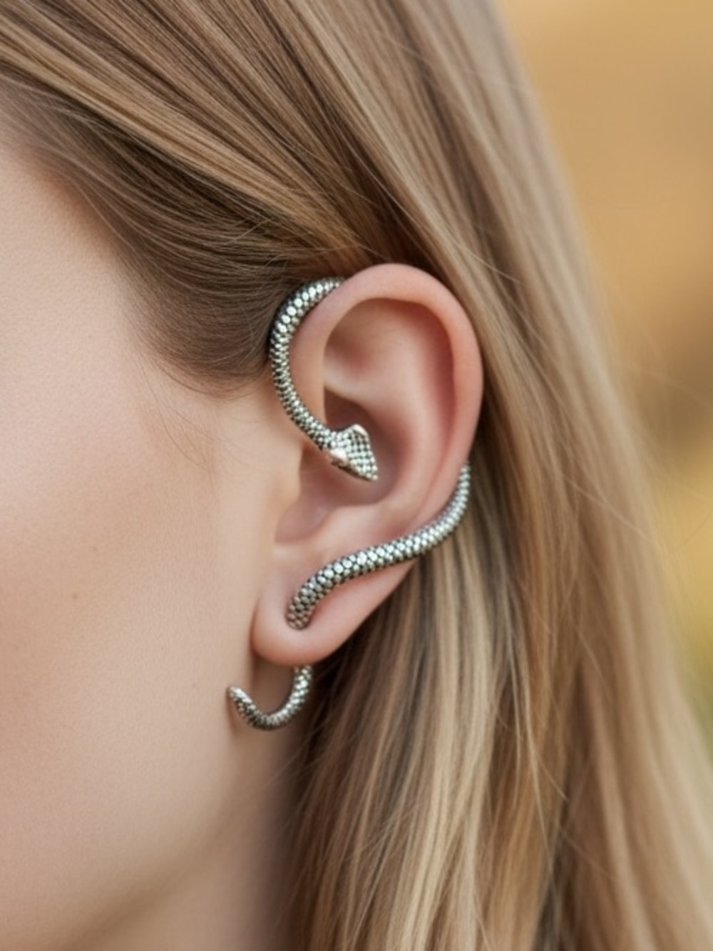 Greek Goddess Wrap-Around Silver Snake Earring - Picture 3 of 6